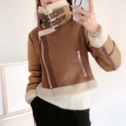 Lapel Thickened Faux Fur Stitching Jacket NSAM139061