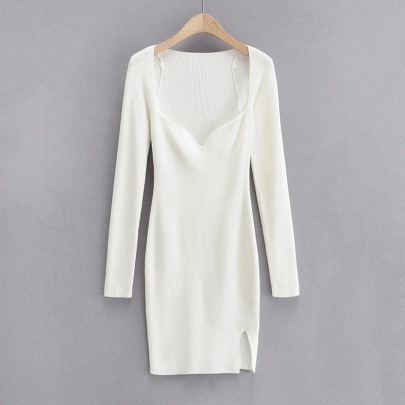 Solid Color Retro Slim Side Slit Long Sleeve Knitted Bottoming Dress NSZQW139069