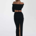 solid color off-the-shoulder halter neck kink long-sleeved crop top long skirt two-piece set NSYAF138054