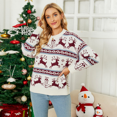 Christmas Fawn Jacquard Pullover Round Neck Christmas Sweater NSMMY138068