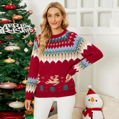 Christmas Tree/fawn Jacquard Round Neck Long Sleeve Pullover Sweater NSMMY138071
