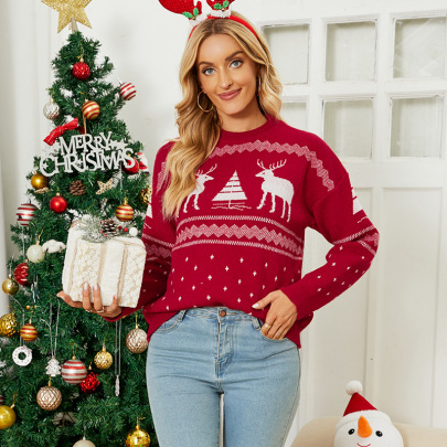 Christmas Fawn Christmas Tree Jacquard Round Neck Pullover Sweater NSMMY138075