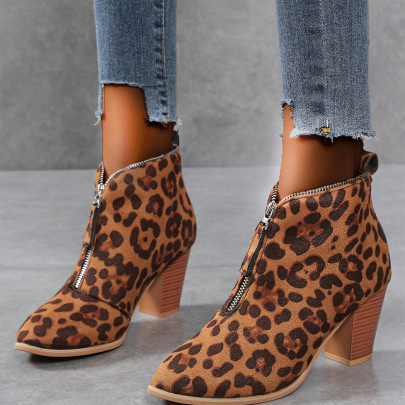 Leopard Print/solid Color Thick High Heeled Suede Boots NSYBJ138089