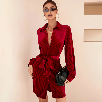 Solid Color With Belt Single-breasted Lapel Velvet Long-sleeved Shirt Dress NSYSQ138102