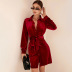 solid color with belt single-breasted lapel velvet long-sleeved shirt dress NSYSQ138102