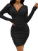 solid color V-neck pleated knitted long-sleeved sheath dress NSYSQ138104