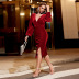 solid color long-sleeved mid-length velvet prom dress NSYSQ138107