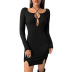 solid color hollow black long-sleeved mini sheath dress NSYSQ138108