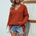 solid color V-neck ripped tassel long sleeve mid-length sweater NSMMY138110