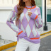 contrast color diamond pullover round neck sweater NSMMY138116