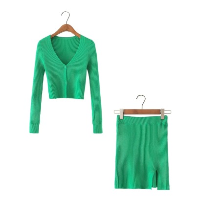 Solid Color Knitted V-neck Long-sleeved Single-breasted Knitted Sweater Slit Skirt Set NSZQW138128