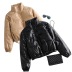 solid color faux leather standing collar single-breasted slim fit thick cotton coat NSZQW138131