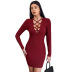 solid color hollow V-neck long sleeve sheath dress NSYSQ138140