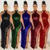 Sequin see-through Solid Color backless halter prom Dress NSXYZ138149
