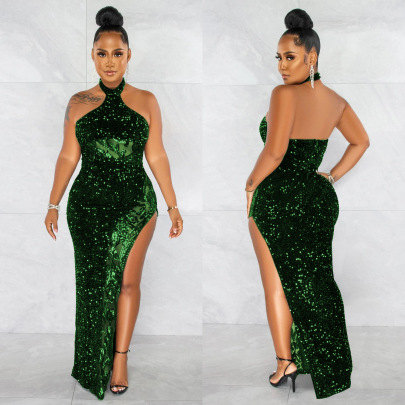 Sequin See-through Solid Color Backless Halter Prom Dress NSXYZ138149