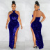 Sequin see-through Solid Color backless halter prom Dress NSXYZ138149