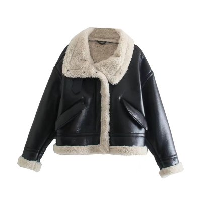Long Sleeve Lapel Fleece Faux Leather Stitching Jacket NSAM139078