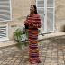 stripe contrast color long slim woolen dress NSDLS139104