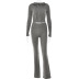 solid color knitted hooded long sleeve top and high waist trousers two-piece set NSFD139107