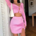 solid color knitted V-neck long-sleeved sweater high-waist slit skirt two-piece set NSFD139112