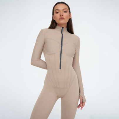 Solid Color Long-sleeved Round Neck Tight Zipper Jumpsuit NSFD139115