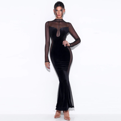 Hollow See-through Long-sleeved Round Neck Halter Dress NSFD139118