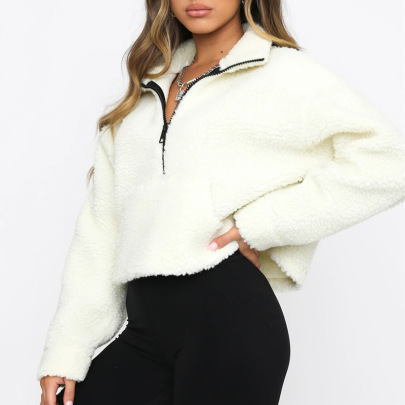 Solid Color Lamb Lapel Loose Long-sleeved Zipper Sweater NSFD139119