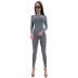solid color front chest zipper pocket printed long-sleeved tight jumpsuit NSMX139134