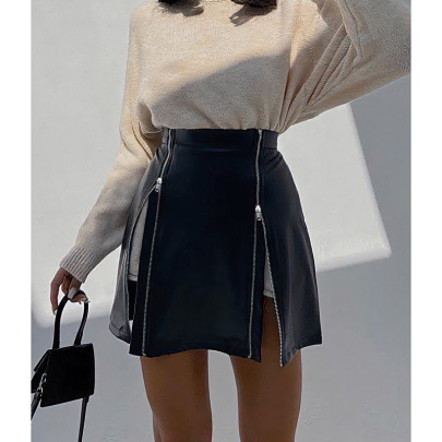 Double Zipper Leather High Waist Slim Skirt NSAFS139152