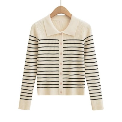 Single-breasted Lapel Collar Striped Long-sleeved Sweater NSXDX139162