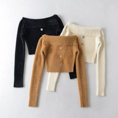 Three-button Decorative Flanging One-shoulder Short Mohair Long-sleeved Sweater NSXDX139163