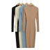 solid color round neck vertical strip mid-length sheath dress NSXDX139164