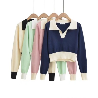 Lapel Slim Color Contrast Long Sleeve Elastic Hem Crop Sweater NSXDX139165