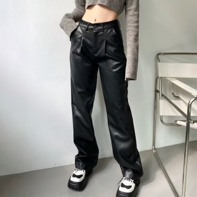 High Waist Solid Color Straight PU Leather Pants NSXDX139166
