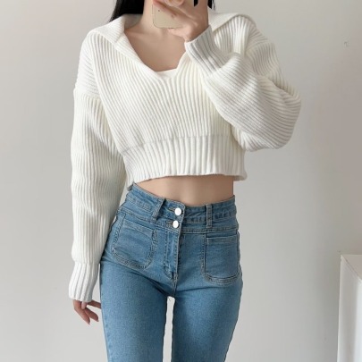 Lapel Solid Color Elastic Cuff Long Sleeve Cropped Sweater NSXDX139171