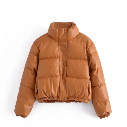 PU Imitation Leather Stand Collar Long Sleeve Cotton Coat NSYXB139182