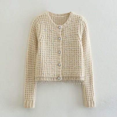 Solid Color Round Neck Single-breasted Beaded Knitted Jacket NSYXB139192