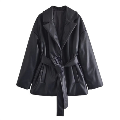 Solid Color Faux Leather PU Cotton Coat With Belt NSYXB139183