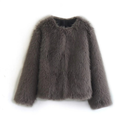 Round Neck Loose Long Sleeve Solid Color Faux Fur Coat NSYXB139209