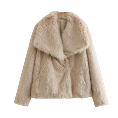 Long Sleeve Warm Lapel Solid Color Faux Fur Jacket NSYXB139212