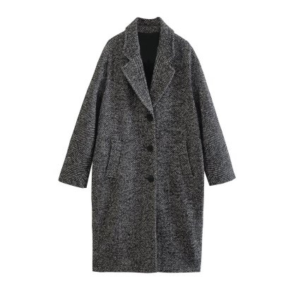 Woolen Single-breasted Herringbone Pattern Loose Long Sleeve Lapel Coat NSYXB139213