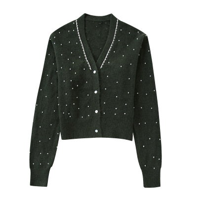 Pearl Decoration V-neck Long Sleeve Color Matching Knitted Cardigan NSYXB139223