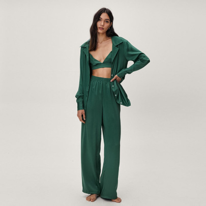 Solid Color Satin Lapel Shirt Trousers Three-piece Loungewear NSMSY139227