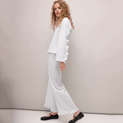 Solid Color Stitching Loose Long-sleeved Top And Trousers Loungewear Set NSMSY139228