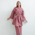 solid color Cotton and linen long-sleeved nightgown trousers belt loungewear can be worn outside NSMSY139229