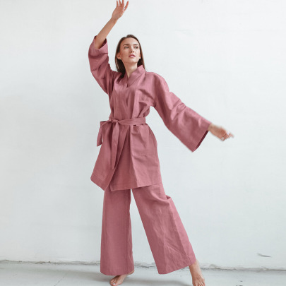 Solid Color Cotton And Linen Long-sleeved Nightgown Trousers Belt Loungewear Can Be Worn Outside NSMSY139229