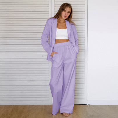 Solid Color Cotton Long-sleeved Top Trousers Loungewear Set NSMSY139230