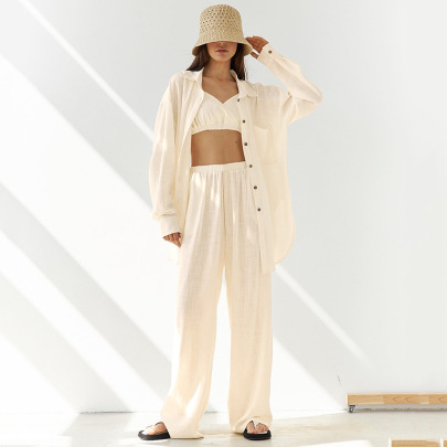 Solid Color Cotton And Linen Top Trousers Jacket Three-piece Loungewear Set NSMSY139232
