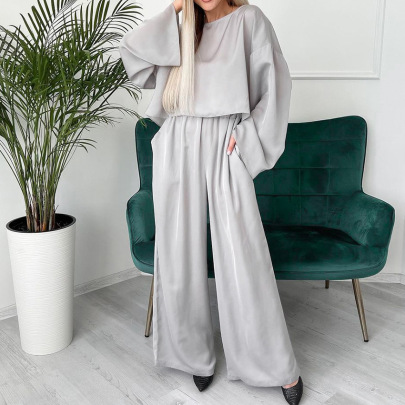 Solid Color Faux Silk Loose Trumpet Sleeve Top Trousers Loungewear Set NSMSY139233