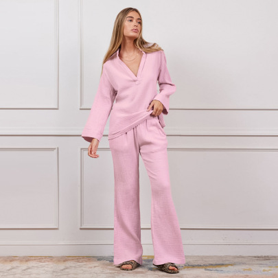 Pink Bubble Wrinkled Cotton Homewear Long-sleeved Trousers Loungewear NSMSY139235